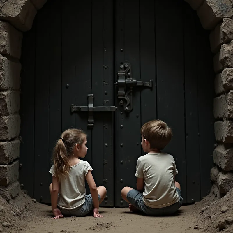 Tunnel Escape Blockade - In a dark, dirt-filled tunnel, a young girl and a boy sit with their backs against an iron door. Their heels firmly planted in the rough earthen ground, they are desperately trying to hold the door shut. Photorealistic style. - AI image generated with Photorealistic 2