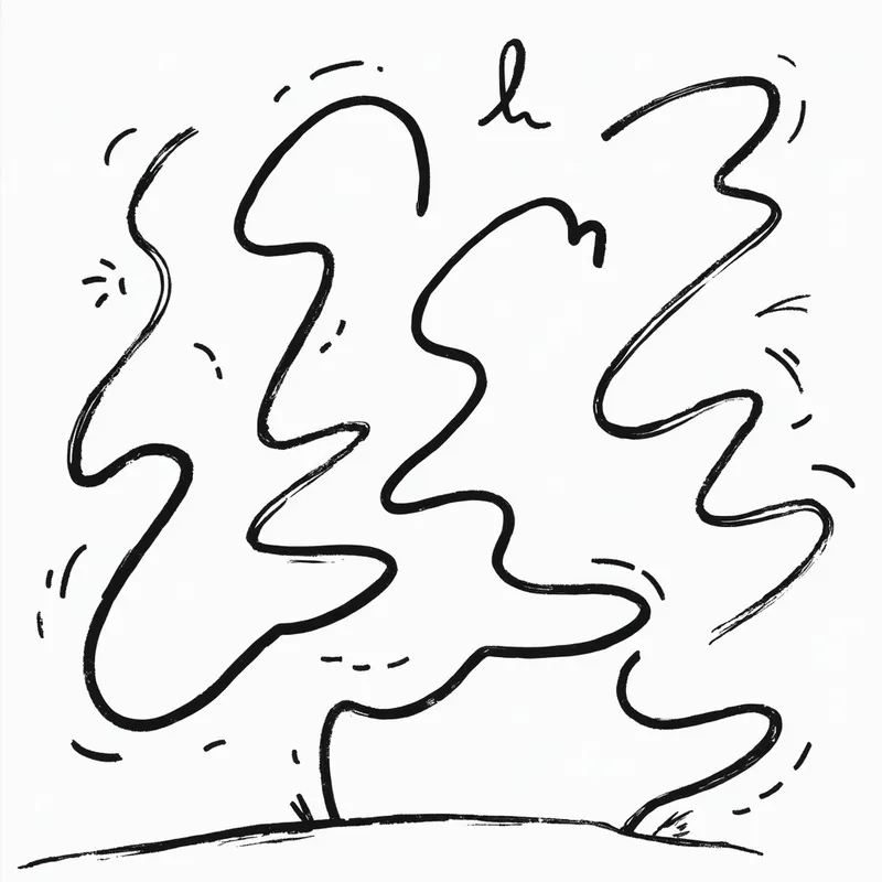 Turbulent Cartoon Gusts - An energetic cartoon scene featuring bold, black, swirling marks representing gusts of turbulent wind on a white canvas. The wind lines intersect and loop, creating a whimsical and animated look. - AI image generated with Photorealistic 2