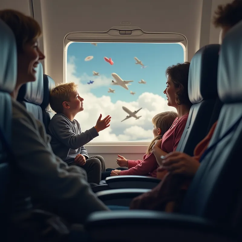 Turbulent Flight - A naturalistic scene of passengers inside an aircraft cabin reacting to sudden turbulence, with objects floating slightly, seat belts tight, and blurred clouds visible through the plane windows. - AI image generated with Photorealistic 2