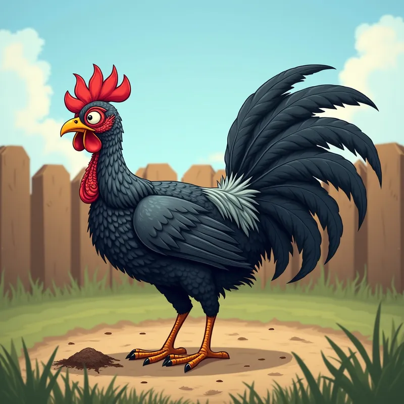Turkey-Chicken Crow - An imaginative farmyard scene featuring a hybrid bird with the large, fanned tail of a turkey, sleek crow-like feathers, and a chicken's friendly face with a strong beak, scratching the dirt near a wooden fence under a blue sky. - AI image generated with Photorealistic 2