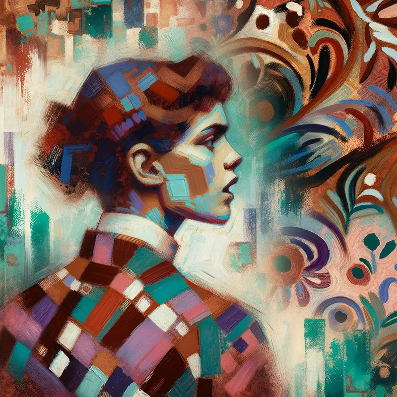 Turned in Color - A dynamic Fauvist expressionist portrait of a young woman, three-quarters turned with her back facing the viewer and her head looking back, evoking emotion with shades of brown, pink, and teal. An abstract floral wallpaper background completes the scene. - AI image generated with Art