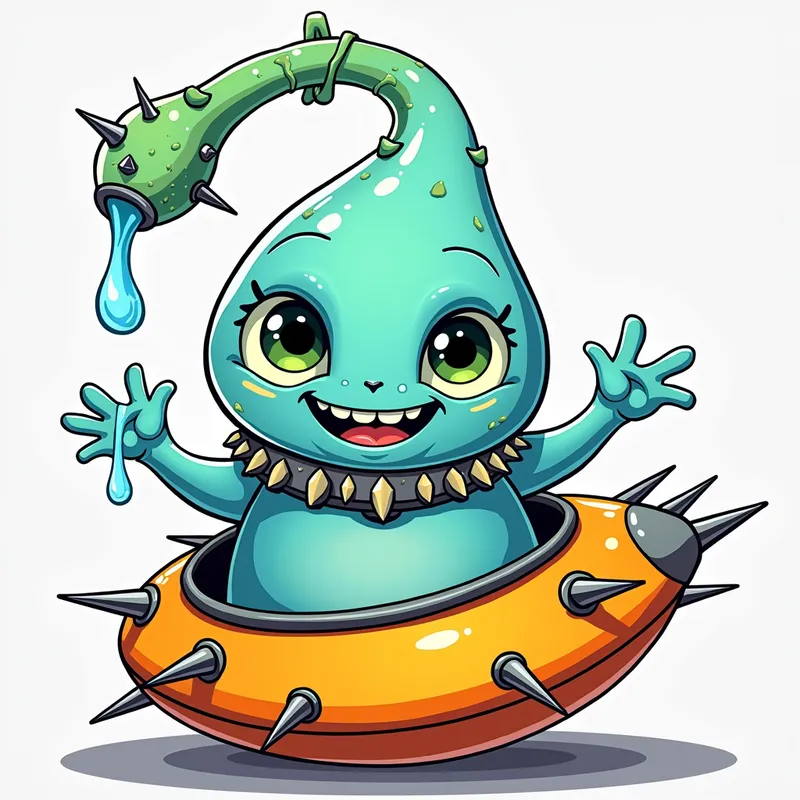 Turquoise Alien Welcomes - Detailed line art illustration A cartoonish, bright turquoise blue alien creature, positioned centrally in the image. The creature has a bulbous, teardrop shape body, and three large, expressive, light-green eyes. A curved, turqoise fleshy tube-like appendage extends from its head with water spraying from the top. It is wearing a gothic collar with enormous metal spikes sticking out of it. The creature has a cheerful, grinning expression, with visible, cartoonish teeth. Its arms, also orange, are outstretched in a welcoming gesture. The creature is sitting in a brightly coloured spaceship with metal spokes sticking out from the sides. The background is a plain, light gray. The style is vibrant, playful, and exaggerated, with bold outlines and bright colors. The lighting is even, casting no significant shadows. The creature's pose is friendly and inviting. The overall impression is of a friendly, cartoon alien character. - AI image generated with Photorealistic 2