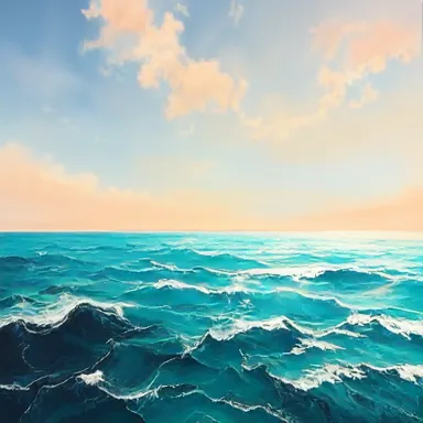Turquoise Ocean Symphony - An ocean landscape where the ocean has been transformed to a vivid turquoise, with the sky above painted in soft shades of peach, merging the water and sky into a colorful symphony at day's end. - oil painting with palette knife