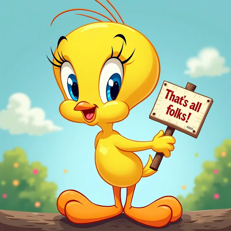 Tweety's Ending - Tweety Bird standing on a perch, holding a small 'That's all folks!' sign with bright, cheerful colors and a whimsical background. - AI image generated with Photorealistic 2