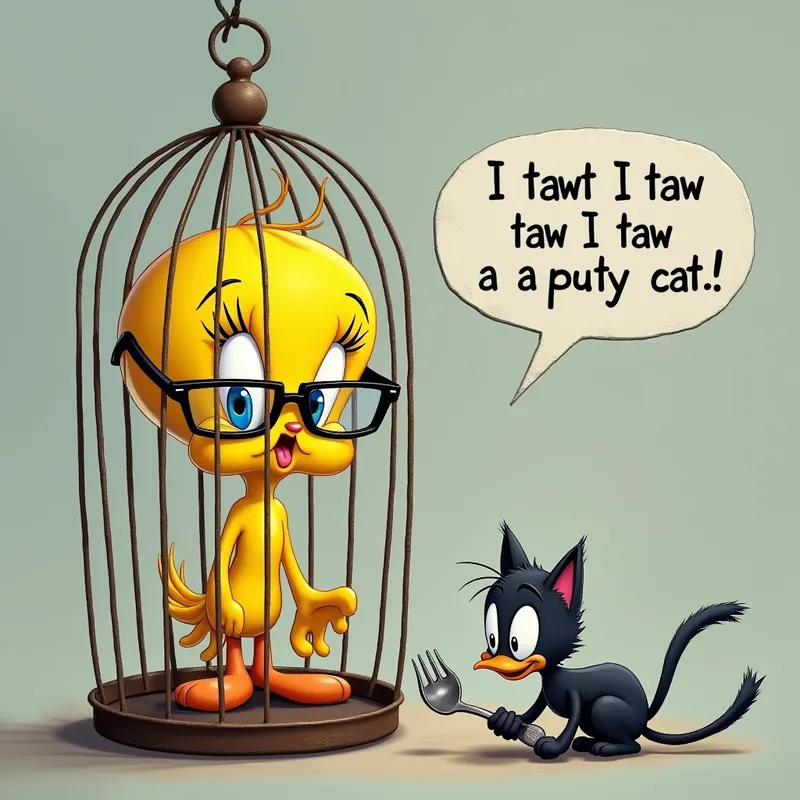 Tweety's Mischievous Monologue - A bright yellow Tweety bird wearing oversized, thick glasses sits inside a classic wire birdcage. Words are playfully emerging from his beak, forming the phrase 'I tawt I taw a puty cat.' Tweety has a mischievous, cheeky expression on his small face. Meanwhile, a hungry Sylvester the cat is sneaking up towards the cage from below, crawling with a fork and spoon in his paws, eyes locked on Tweety in anticipation. - AI image generated with Text