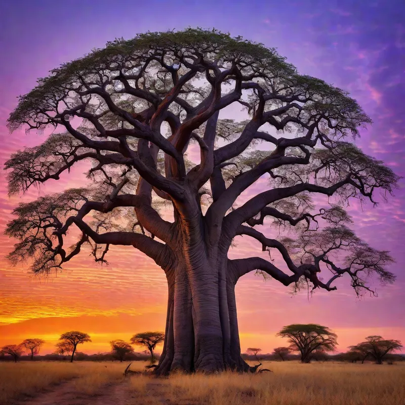 Twilight Baobab Elegance - Depicts an elegant baobab tree laden with fruit as the sky transforms into vivid hues of orange and purple, showcasing the tranquil beauty of the savannah at twilight. - AI image generated with Photorealistic