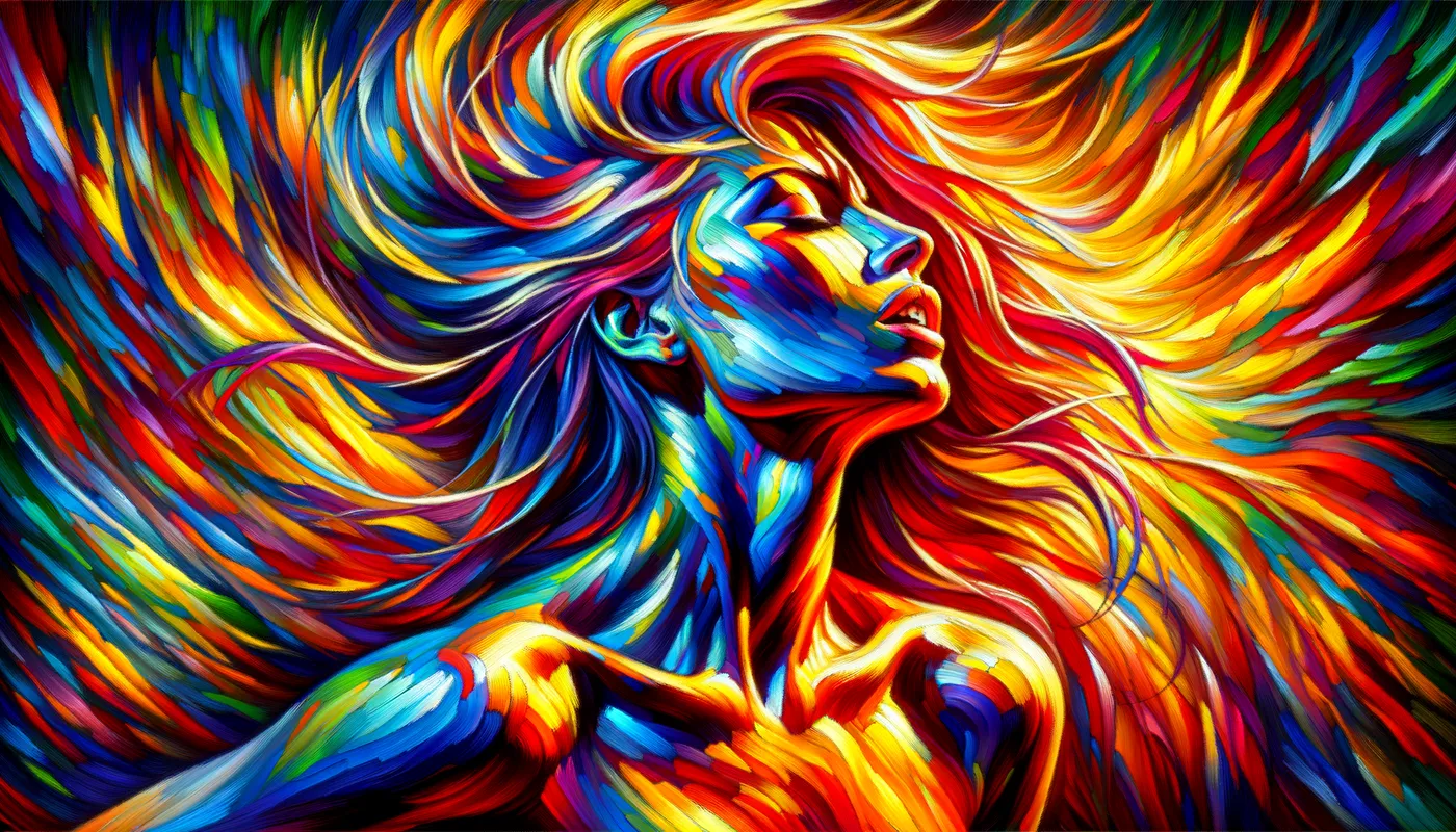Twilight Colorstorm - An energetic fauvist expressionist depiction of a woman in three-quarter view, her skin and hair bursting with psychedelic, saturated colors and powerful, dramatic shadows, creating a dynamic interplay of light and intensity. - AI image generated with Art