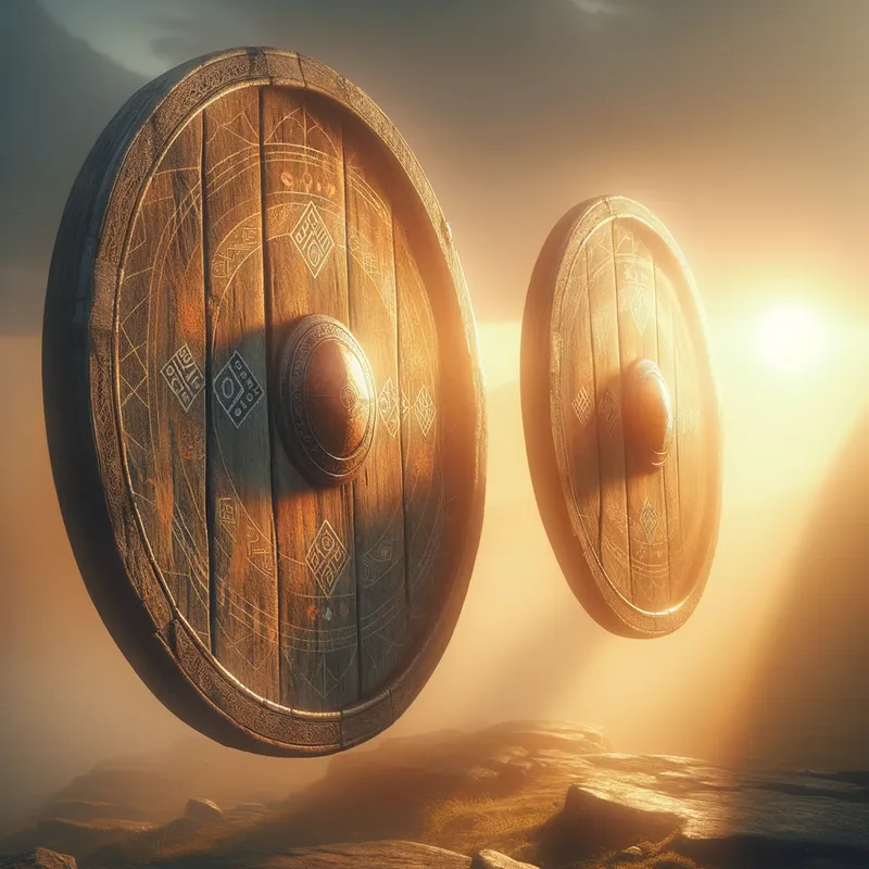 Twilight Guardians - A pair of weathered wooden shields float serenely in the air, their surfaces adorned with ancient symbols and designs. The setting sun casts a warm, golden glow across the shields, creating a sense of mystical protection and guardianship. - AI image generated with Art