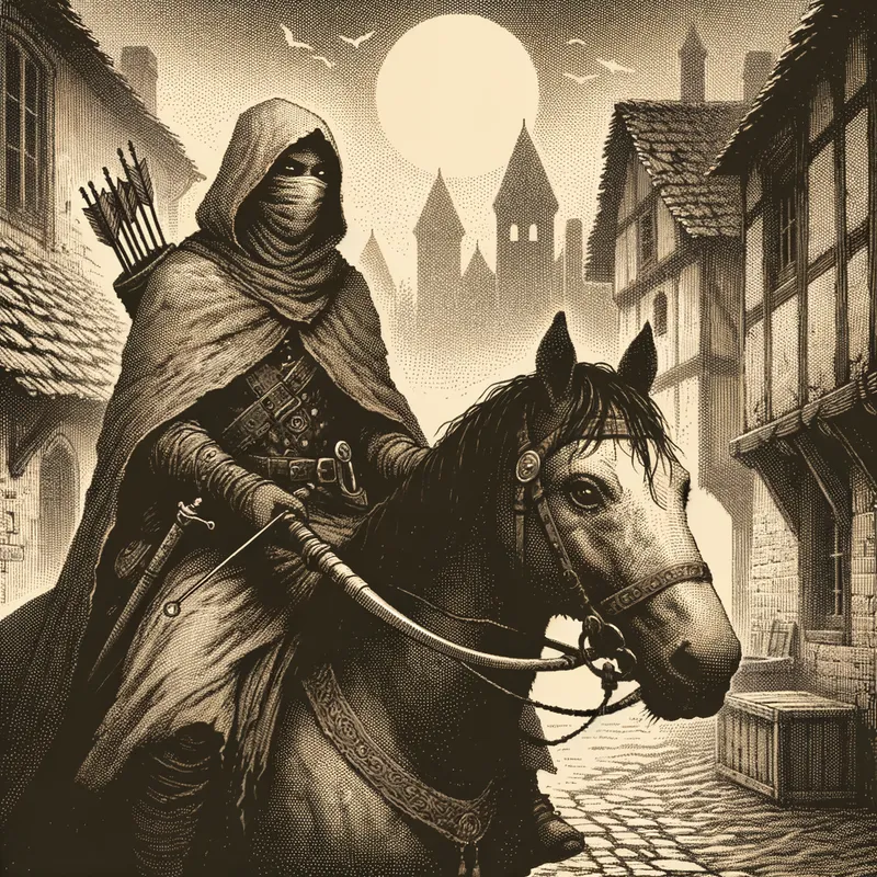 Twilight Horseman - An enigmatic fighter in a weathered cloak rides a vigilant horse through a moonlit medieval village. The crossbow rests across their lap, and their cautious eyes survey the silent streets, evoking a sense of secrecy and danger. - AI image generated with Art - stippling drawing, sepia tone