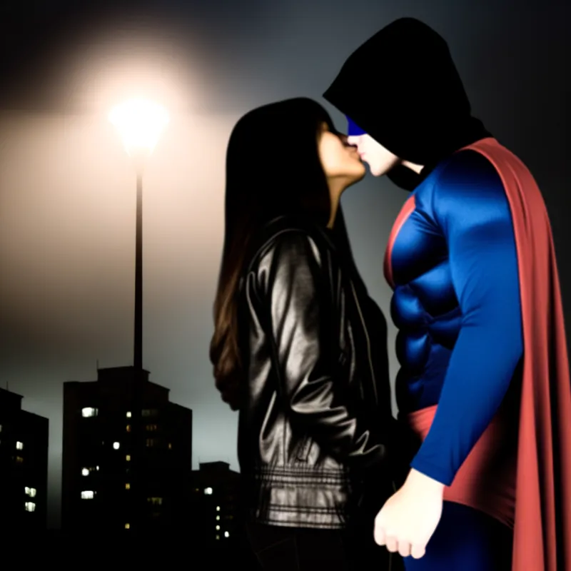 Twilight Kiss - Spiderman wearing a black hoodie is gently kissing Gwen Stacey under the dim light of a streetlamp, with the cityscape blurred in the background. - AI image generated with Art