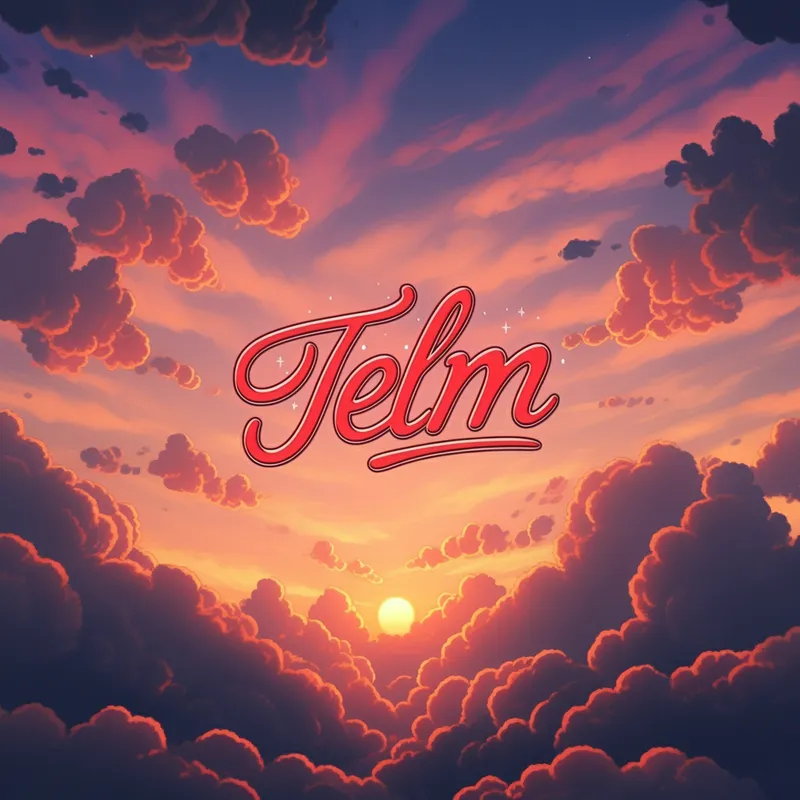 Twilight Letters - A cartoon-inspired image of a sunset sky filled with clouds. The word 'Telm' is featured in the middle with exquisite red outlines and pink centers, surrounded by black cartoon borders to create a striking aesthetic impression. - AI image generated with Imagen 3