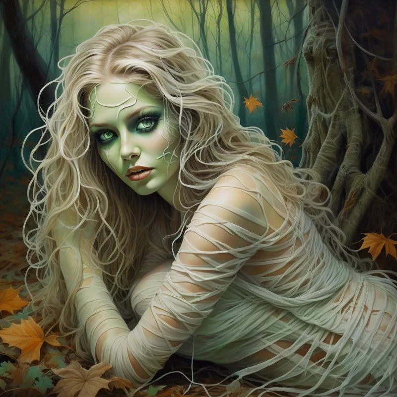 Twilight Mummy in Bloom - An exquisite whimsical Halloween painting of a beautiful young woman with flowing light hair, enchanting icy-green eyes, and soft glamorous makeup, wrapped entirely in intricate strips of aged gauze like a flirtatious mummy. She is crouched on the forest floor in profile, her posture elegant and feline, while she glances at the viewer with playful mischief. Autumn flowers decorate her head and both sides of her waist. Nearby are weathered skulls, lit candles, orange and ivory pumpkins, tall black grasses, and a tiny mouse. A raven is perched on a rustic arrow-shaped wooden sign bearing a humorous Halloween message. The background is a dreamy textured blur with a radiant full moon and twisted branches draped in autumn foliage. Somber autumn tones, cinematic lighting, painterly brushstrokes, ornate detail. - AI image generated with Photorealistic - oil art, alcohol ink