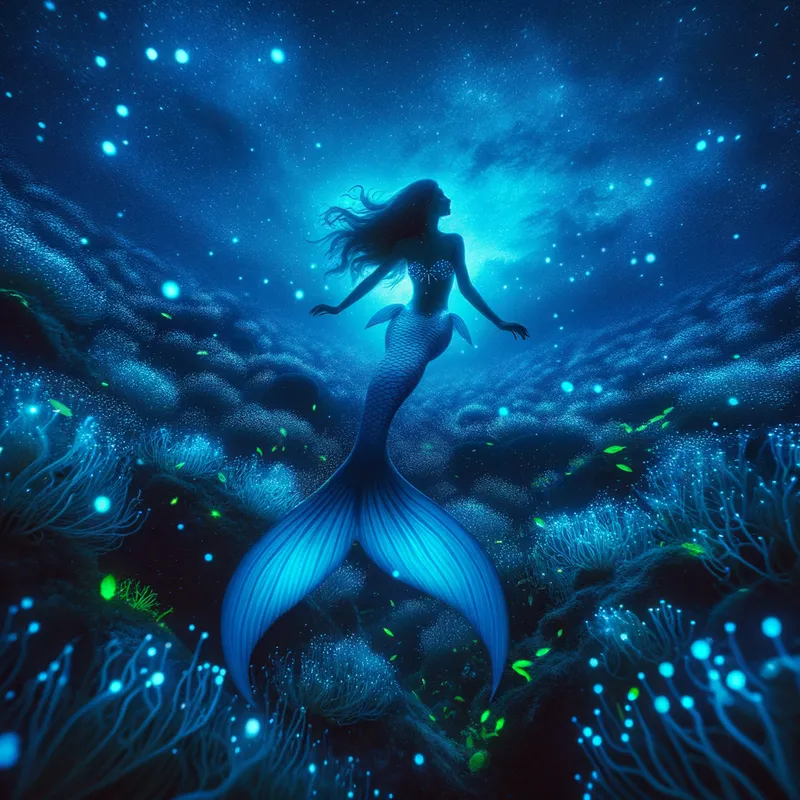 Twilight Ocean Fantasy - A mesmerizing twilight underwater scene featuring a mermaid swimming gracefully through a sea of glowing, bioluminescent plankton. The water is a deep blue, illuminated by the soft, magical lights. - AI image generated with Art