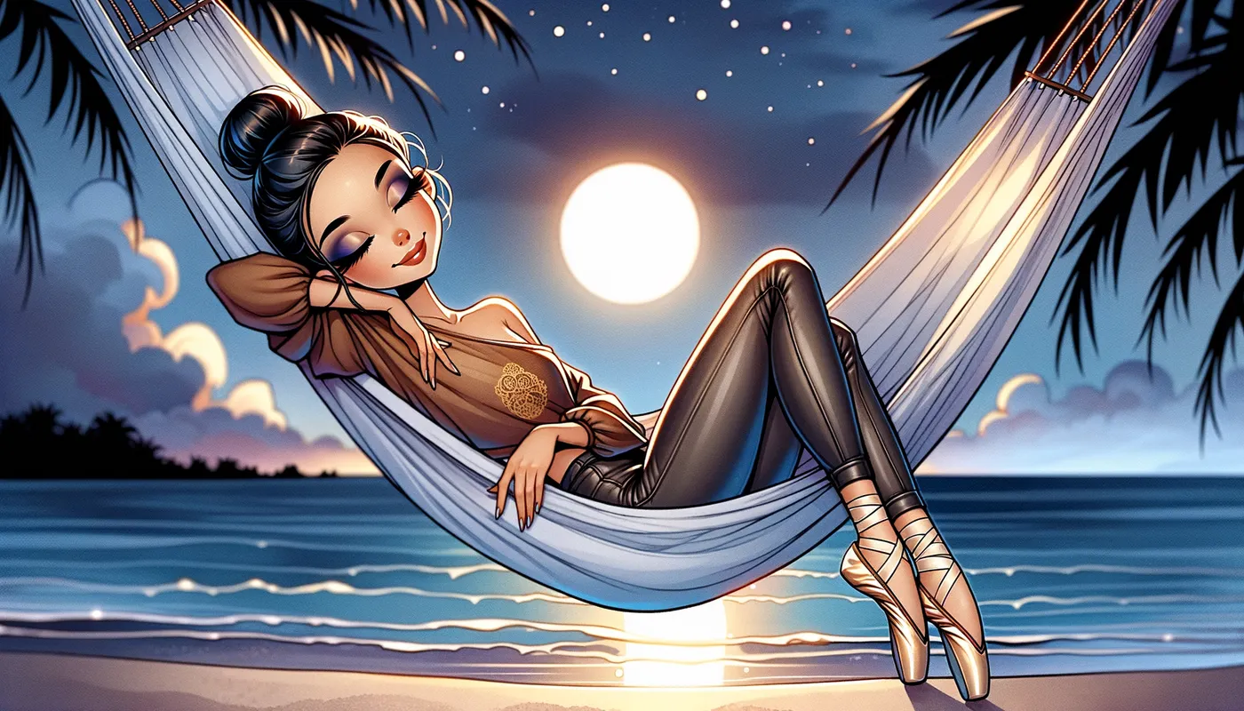 Twilight Repose - Digital art illustration featuring a beautiful Hispanic ballerina with shiny black hair in a bun, dressed in a brown sweater with a golden decal, beige leather jeans, and black ballet pointe shoes. She is seen snoozing peacefully in a white hammock on a serene beach at twilight, a content smile on her face as she dreams. The image evokes tranquility and grace. - AI image generated with Art - alcohol ink, cartoony, colorful