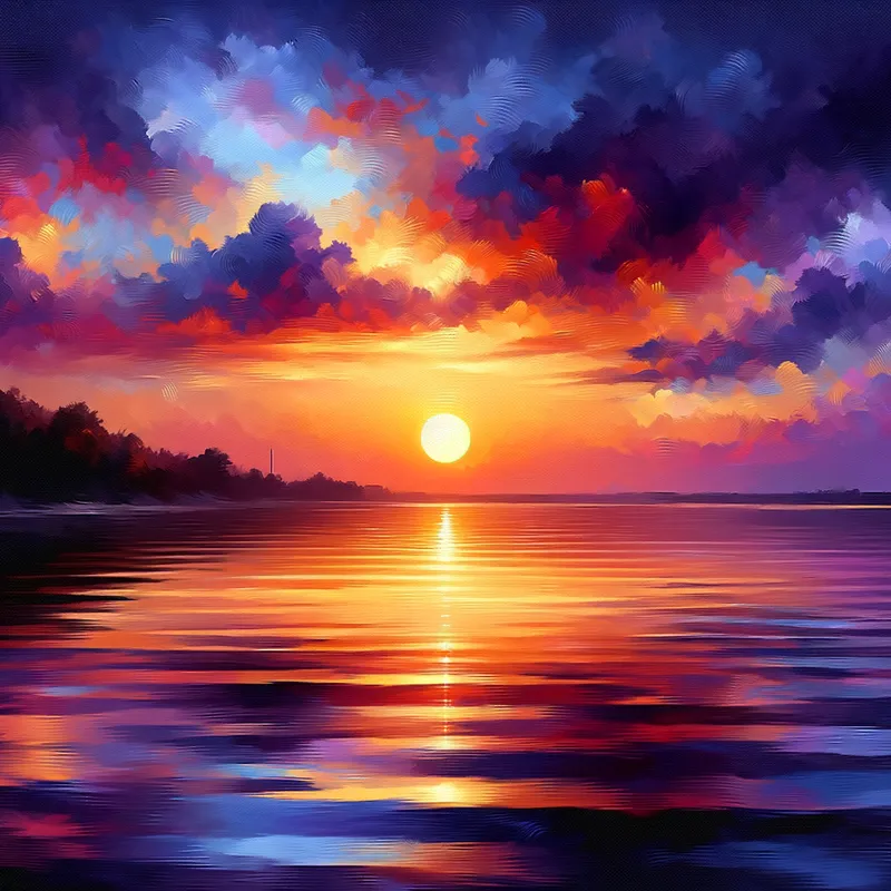 Twilight Serenity Canvas - Create an oil painting image showcasing the tranquility of twilight where the sun meets the horizon in a gentle goodbye, the sky painted in strokes of orange, pink, and purple reflecting on the still waters of a silent lake. - AI image generated with Art