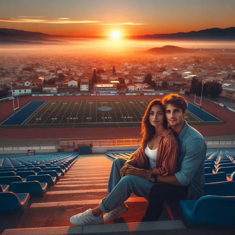Twilight on the Field - A young man and woman seated together on the bleachers of a sprawling football stadium, as the sun dips below the horizon, casting a warm glow over the small town beyond. - AI image generated with Art