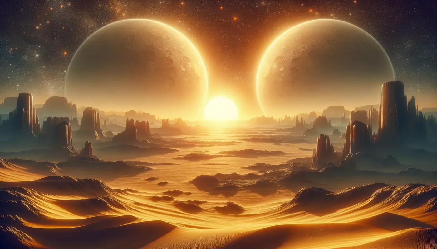 Twin Suns Rising - A vast desert landscape on a distant world with two suns rising in the sky, casting a golden glow over the sandy plains and rocky outcrops. - AI image generated with Art - fantasy art
