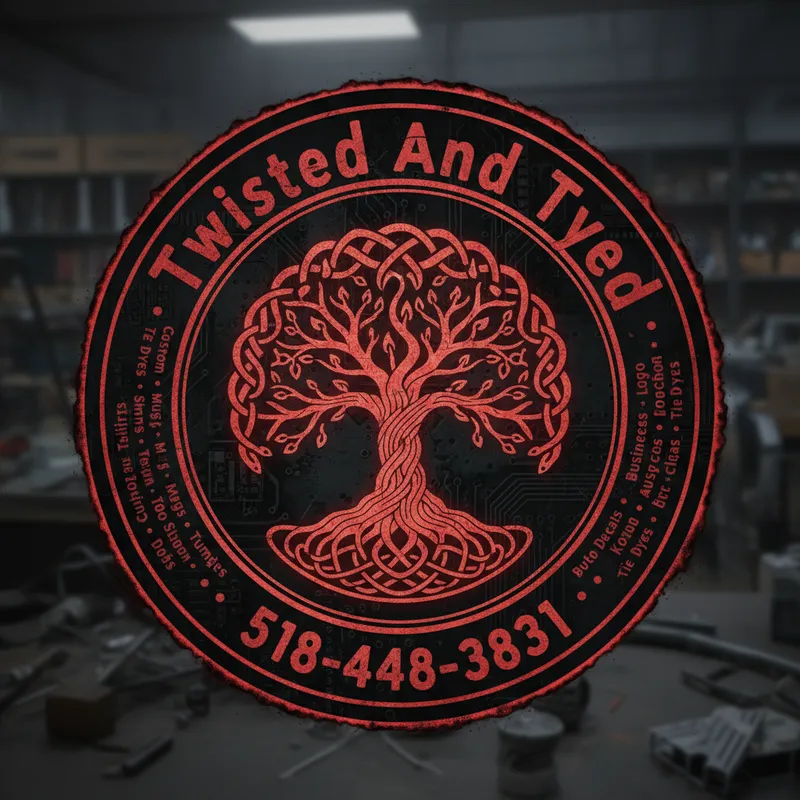 Twisted And Tyed Braided Circuit Logo - Circular distressed red-and-black motherboard circuit logo featuring a Celtic-style braided tree of life at the center, encircled by double rings with bold red text "Twisted And Tyed" across the top and the phone number "518-448-3831" across the bottom, and peripheral labels separated by dots reading Custom Tshirts · Mugs · Tumblers · Yard Signs · Business Logos · Auto Decals · Koozies · Tie Dyes - AI image generated with Nano Banana