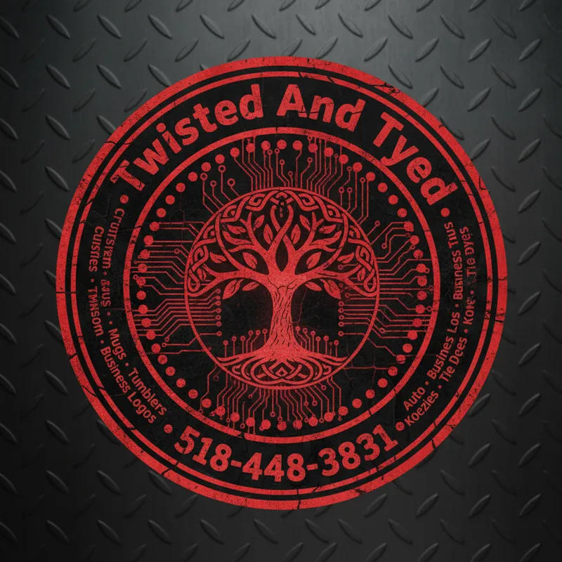Twisted And Tyed Celtic Circuit Logo - Circular distressed red-and-black motherboard circuit logo featuring a Celtic-style braided tree of life at the center, encircled by double rings with bold red text "Twisted And Tyed" across the top and the phone number "518-448-3831" across the bottom, and peripheral labels separated by dots reading Custom Tshirts · Mugs · Tumblers · Yard Signs · Business Logos · Auto Decals · Koozies · Tie Dyes - AI image generated with Nano Banana