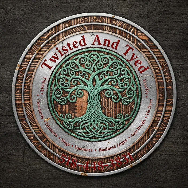 Twisted And Tyed Celtic Circuit Logo - Circular distressed  motherboard circuit logo featuring a Celtic-style braided tree of life at the center, encircled by double rings with bold red text "Twisted And Tyed" across the top and the phone number "518-448-3831" across the bottom, and peripheral labels separated by dots reading Custom Tshirts · Mugs · Tumblers · Yard Signs · Business Logos · Auto Decals · Koozies · Tie Dyes - AI image generated with Nano Banana
