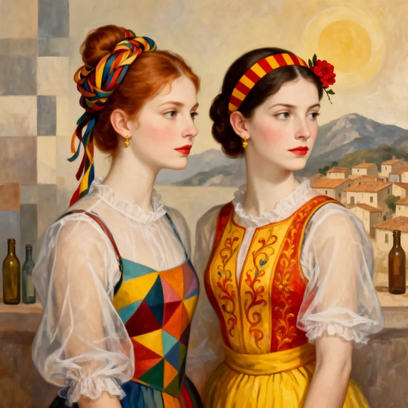 Two Women in Warm Modernist Folk Style - A warm-toned stylized painting of two women from the waist up, their bodies angled slightly away from the viewer while their eyes turn right with calm, serious intensity. The left woman wears her reddish-brown hair in an ornate bun wrapped with multicolored ribbons and is dressed in a sheer white blouse with voluminous sleeves and a striking multicolor geometric bodice. The right woman has dark brown hair adorned with a red-yellow striped headband and a small red flower, dressed in a transparent white blouse under a yellow and orange-red embroidered vest with hints of a yellow skirt below. Both women have porcelain-pale skin, soft blush, red lips, and tiny gold earrings. The background combines muted abstract geometry, a radiant circular form, distant mountains, a village with terracotta rooftops, and two bottles on a ledge. Painterly texture, defined brushstrokes, inviting light, balanced composition. - AI image generated with Flux 2 - Matisse, close-up