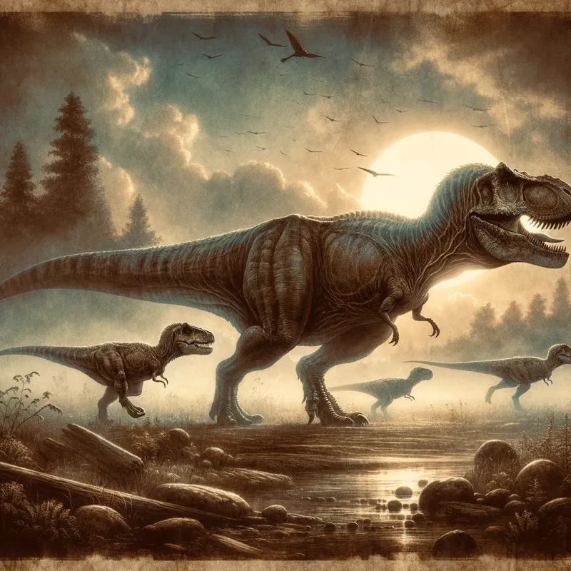 Tyrannosaurus Rex Family Group - A group of three scientifically accurate Tyrannosaurus rexes, a large adult with two juveniles nearby, displaying proper scale differences, proportions, and feather patterns as per the latest studies, depicted walking through a misty early-morning Cretaceous landscape. - AI image generated with Art - nostalgic vintage scene, night lighting, watercolor