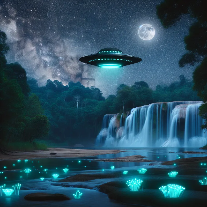 UFO Over Moonlit Waterfall - A serene, moonlit night with a UFO silently hovering over a magnificent waterfall. The land is dotted with bioluminescent mushrooms and the sky is filled with stars. - AI image generated with Art