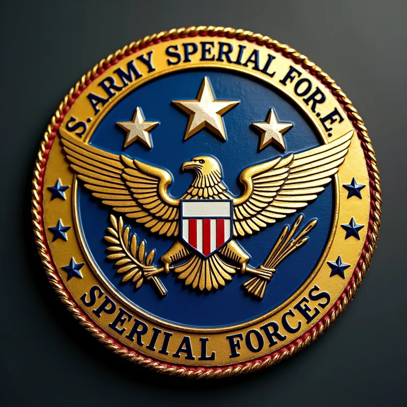 US Army Special Forces Crest Close-Up - A detailed, close-up view of the US Army Special Forces crest, showcasing the intricate designs and vibrant colors on a solid background. - AI image generated with Photorealistic 2