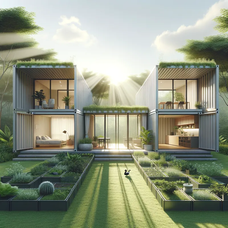 U-Shape Container Home with Garden Cour - A detailed architectural visualization of a U-shape single-level container home, featuring a central courtyard with lush garden landscaping. The home has large glass doors and windows facing the courtyard, one wing dedicated to private bedrooms, the opposite wing for open-plan living and kitchen, with modern, minimalist exteriors in a sleek metal finish. Sunlight streams into the stylish and sustainable design, set in a tranquil natural setting. - AI image generated with Art