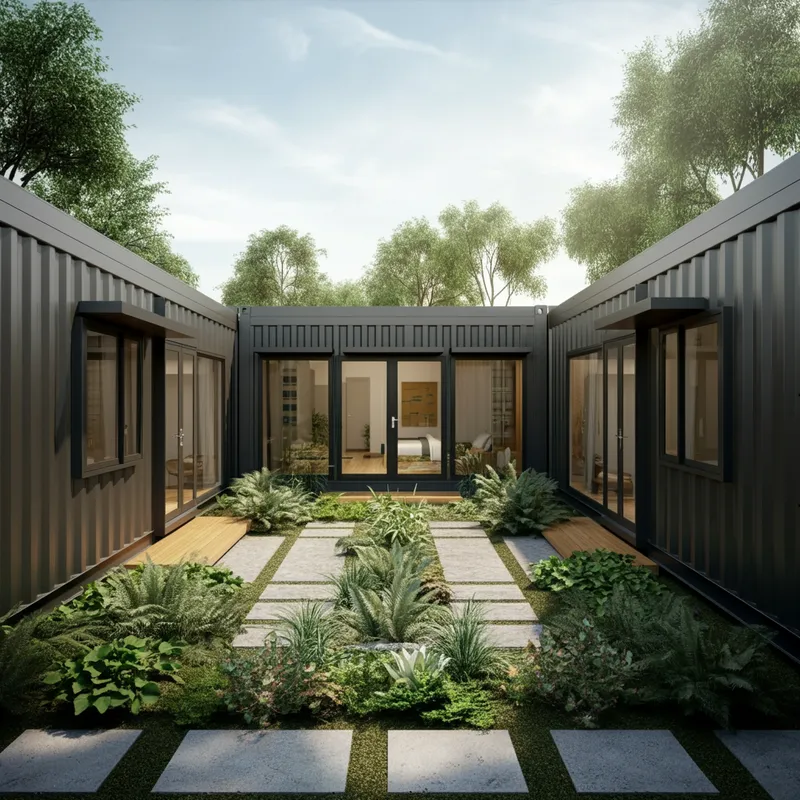 U-Shape Container Home with Garden Cour - A detailed architectural visualization of a U-shape single-level container home, featuring a central courtyard with lush garden landscaping. The home has large glass doors and windows facing the courtyard, one wing dedicated to private bedrooms, the opposite wing for open-plan living and kitchen, with modern, minimalist exteriors in a sleek metal finish. Sunlight streams into the stylish and sustainable design, set in a tranquil natural setting. - AI image generated with Imagen 3