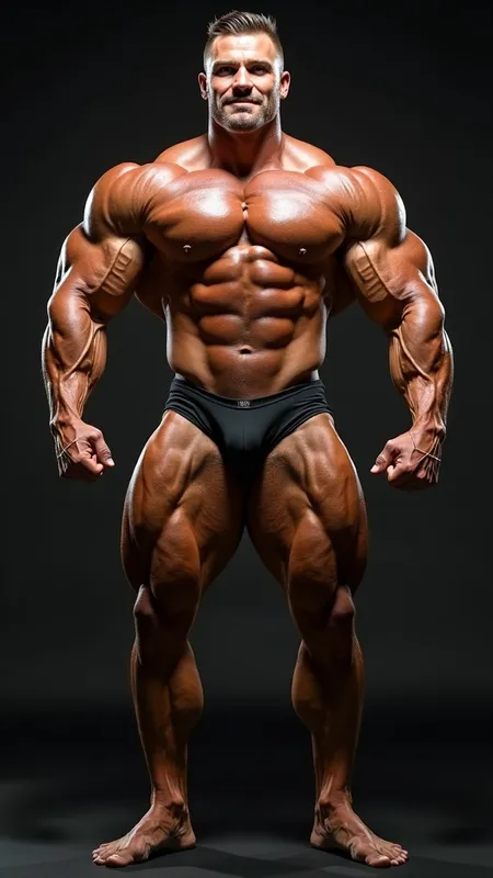 Ultimate Bodybuilder in Peak Form - Ultra-detailed, hyper-realistic studio photograph of an **incredibly massive, oversized, super-heavyweight IFBB professional bodybuilder** at peak contest condition, striking a flawless front-double-biceps pose.
Physique: 6′3″, ~300 lb of granite-hard muscle, paper-thin skin revealing extreme vascularity snaking across colossal arms, boulder delts, cannonball traps, striated chest, razor-sharp eight-pack, and feathered quads.
Expression & vibe: confident half-smile, eyes locked on camera, radiating unstoppable power.
Wardrobe & oil: midnight-black micro posing trunks, light layer of sheen-enhancing contest oil accentuating every striation.
Lighting: dramatic three-point setup — bright key light camera left, soft fill to the right, crisp rim light outlining shoulders and lats, casting subtle shadows to emphasize depth and separation.
Background: seamless matte charcoal backdrop fading to deep black for maximum subject pop.
Camera & render: Nikon Z9 DSLR, 85 mm f/1.4 prime lens, aperture f/2.8, ISO 100, 1/250 s.
Quality tags: 8 K resolution, HDR, wide-gamut color, cinematic realism, studio photography, impeccable focus, zero noise.
- AI image generated with Photorealistic 2