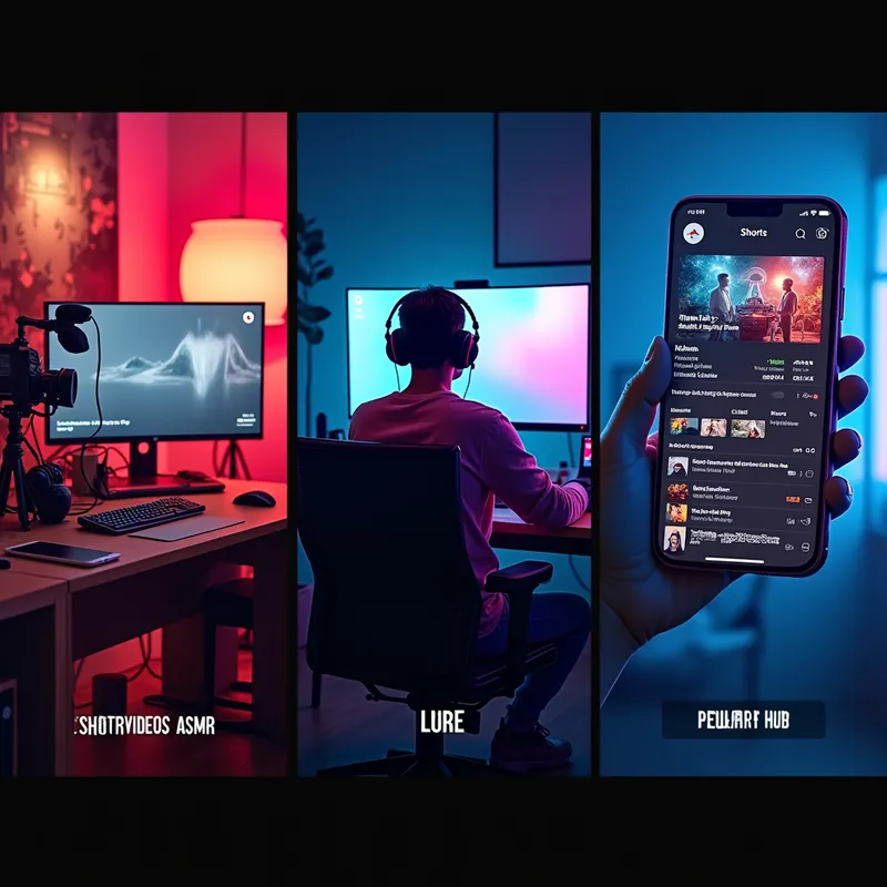 Ultimate Creator Workspace Banner - 2560x1440 cinematic YouTube channel art split into three panels that blend together harmoniously. Left: stylish product review station with pro camera setup and organized desk. Center: gamer at a multi-monitor desktop covered in RGB lighting and live streaming indicators. Right: enlarged vertical smartphone screen presenting the Shorts interface. Modern YouTube branding, dynamic bold text 'SHORTVIDEOSASMR,' tagline 'All-in-One Content Hub,’ and overall professional, high-resolution finish for a social media banner. - AI image generated with Text