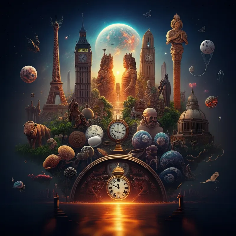 Ultimate Curiosities - An encapsulating image that features a myriad of curiosities from the brink of time: ancient civilizations, modern wonders, and futuristic mysteries converging into one spectacular frame, depicting the cyclical nature of curiosity and exploration. - AI image generated with Imagen 3