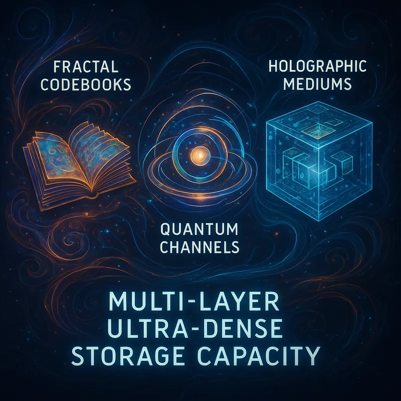 Ultra-Dense Storage Visualization - A holistic visualization representing the integration of fractal codebooks, quantum channels, and holographic mediums for achieving multi-layer, ultra-dense storage capacity. - AI image generated with GPT Image