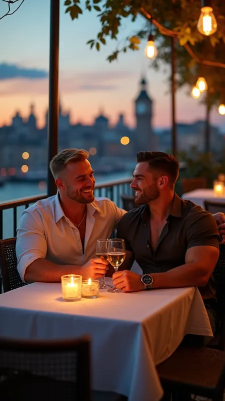 Ultra-detailed, cinematic evening scene - Ultra-detailed, cinematic evening scene of **two colossal IFBB-pro bodybuilders** enjoying a romantic date together at an upscale outdoor bistro.
Setting: cobblestone terrace overlooking a softly lit city skyline at golden-hour dusk; vintage Edison-bulb string lights overhead, candles flickering on linen-draped table.
Subjects:
• Bodybuilder A – 6′4″, 305 lb, blond undercut, chiseled jaw, wearing a fitted pastel dress shirt that struggles across massive pecs and rolled to reveal forearm veins.
• Bodybuilder B – 6′3″, 300 lb, close-cropped dark hair, confident smile, in an open-collar charcoal button-down hugging thick delts and barrel chest.
Pose & interaction: seated close, broad shoulders nearly touching; one casually rests a powerful forearm on the table while the other lifts a crystal wine glass, eyes locked in warm admiration. Soft, genuine laughter captured mid-moment.
Atmosphere: gentle breeze ruffles tablecloth, subtle lens flare from city lights; shallow depth of field isolates couple, background bokeh sparkles.
Lighting: ambient warm string lights as key, candle glow fill on faces, cool blue rim from city skyline outlining traps and jawlines.
Camera & render: Sony α1, 85 mm f/1.6 prime, aperture f/2.0 for creamy bokeh, ISO 200, 1/160 s; 8 K photorealism, HDR, impeccable focus, zero noise.
Quality tags: hyper-realistic, cinematic romance, rich color grade, muscular anatomy perfection.
- AI image generated with Photorealistic 2