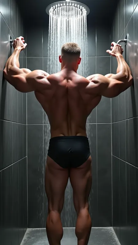 Ultra-detailed, hyper-realistic studio-g - Ultra-detailed, hyper-realistic studio-grade photograph of a colossal IFBB-pro bodybuilder taking a post-workout shower.
Setting ─ modern tiled locker-room shower stall with matte charcoal walls, frameless glass panel, subtle steam drifting upward, chrome rain-shower head pouring warm water.
Subject ─ 6′4″, ~305 lb, contest-ready physique with razor-sharp eight-pack, cannonball shoulders, feathered quads; short blond fade, defined jaw, calm satisfied expression.
Wardrobe ─ minimal: dark compression swim briefs (waist-to-mid-thigh) so focus stays on upper-body muscle detail while remaining tasteful.
Action & pose ─ quarter-turn toward camera, one hand braced on tiled wall, other raking wet hair back; water rivulets tracing vascular biceps, striated chest, and granite back, catching the light.
Lighting ─ high-contrast two-light setup: cool overhead key diffused through steam for glossy highlights, warm low fill camera right to deepen shadows and emphasize muscle separation; slight rim from stall light outlining traps and lats.
Atmosphere ─ fine mist in the air, droplets frozen mid-fall, subtle lens flare from overhead LEDs; polished floor reflecting silhouette for added depth.
Camera & render ─ Nikon Z9, 50 mm f/1.8 prime, aperture f/2.0 for creamy background blur, ISO 100, 1/250 s; 8 K resolution, HDR, wide-gamut color, impeccable focus, zero noise, cinematic realism.
Quality tags ─ photorealistic, sports-advert aesthetic, dramatic lighting, muscular anatomy perfection, professional photography.
- AI image generated with Photorealistic 2