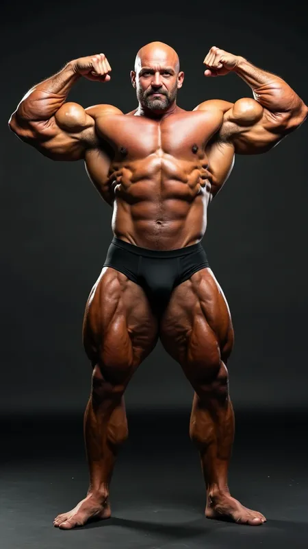 Ultra-detailed, hyper-realistic studio p - Ultra-detailed, hyper-realistic studio photograph of an **incredibly massive, oversized, super-heavyweight IFBB professional bodybuilder** at peak contest condition, striking a flawless front-double-biceps pose in a gym with other bodybuilders who are smaller than him around him.
Physique: 5'5″, ~400 lb of granite-hard muscle, paper-thin skin revealing extreme vascularity snaking across colossal 30" arms, boulder delts, cannonball traps, striated chest, razor-sharp eight-pack, and feathered quads.  
Expression & vibe: confident half-smile, eyes locked on camera, radiating unstoppable power.  Extremely attractive face, hairless body
Wardrobe & oil: midnight-black micro posing trunks, light layer of sheen-enhancing contest oil accentuating every striation.  
Lighting: dramatic three-point setup — bright key light camera left, soft fill to the right, crisp rim light outlining shoulders and lats, casting subtle shadows to emphasize depth and separation.  
Background: seamless matte charcoal backdrop fading to deep black for maximum subject pop.  
Camera & render: Nikon Z9 DSLR, 85 mm f/1.4 prime lens, aperture f/2.8, ISO 100, 1/250 s.  
Quality tags: 8 K resolution, HDR, wide-gamut color, cinematic realism, studio photography, impeccable focus, zero noise.
 - AI image generated with Photorealistic 2