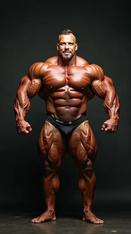 Ultra-detailed, hyper-realistic studio p - Ultra-detailed, hyper-realistic studio photograph of an **incredibly massive, oversized, super-heavyweight IFBB professional bodybuilder** at peak contest condition, striking a flawless front-double-biceps pose in a gym with other bodybuilders who are smaller than him around him.
Physique: 5'5″, ~400 lb of granite-hard muscle, paper-thin skin revealing extreme vascularity snaking across colossal 30" arms, boulder delts, cannonball traps, striated chest, razor-sharp eight-pack, and feathered quads.  
Expression & vibe: confident half-smile, eyes locked on camera, radiating unstoppable power.  Extremely attractive face, hairless body
Wardrobe & oil: midnight-black micro posing trunks, light layer of sheen-enhancing contest oil accentuating every striation.  
Lighting: dramatic three-point setup — bright key light camera left, soft fill to the right, crisp rim light outlining shoulders and lats, casting subtle shadows to emphasize depth and separation.  
Background: seamless matte charcoal backdrop fading to deep black for maximum subject pop.  
Camera & render: Nikon Z9 DSLR, 85 mm f/1.4 prime lens, aperture f/2.8, ISO 100, 1/250 s.  
Quality tags: 8 K resolution, HDR, wide-gamut color, cinematic realism, studio photography, impeccable focus, zero noise.
 - AI image generated with Photorealistic 2