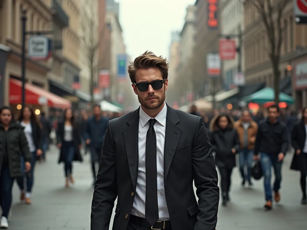 Unafraid Passage - An individual passing through a bustling urban environment, their demeanor both daring and composed, with an unspoken challenge to anyone who might question their path. - AI image generated with Photorealistic 2