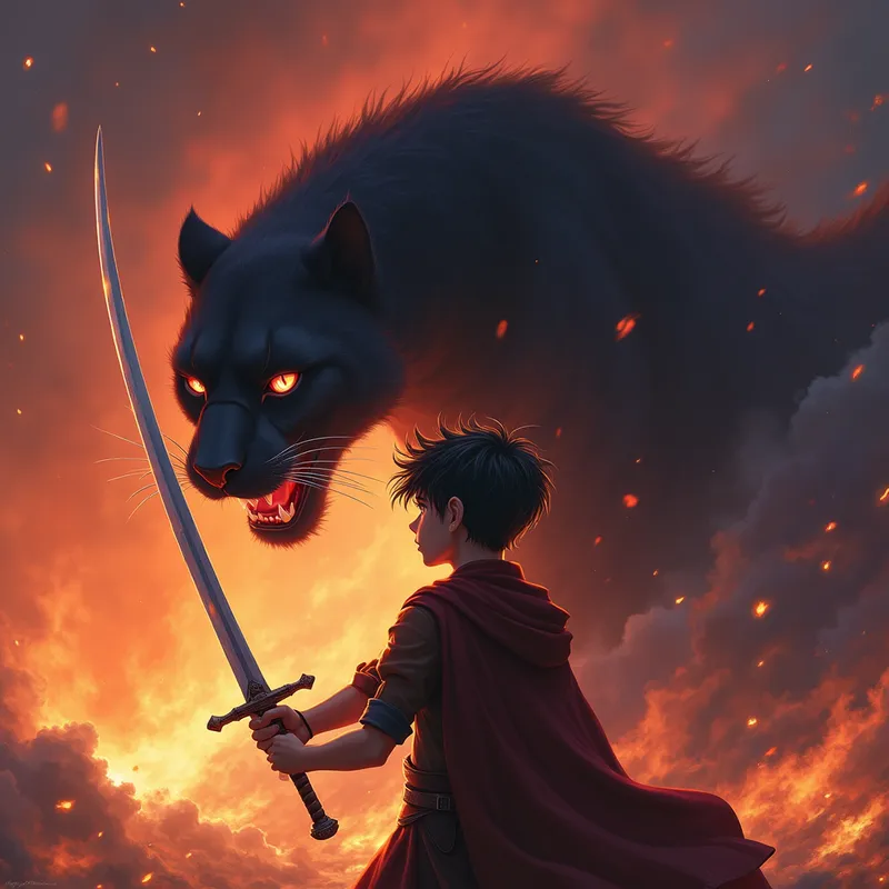 Unbroken Resolve - A young man with short, wild dark brown hair and remarkable purple eyes faces a storm of fire with unshakable courage. In his hands, he brandishes a sword, while a spectacular black panther with glowing red eyes rises from the fiery background, embodying his unwavering spirit. - AI image generated with Photorealistic 2 - over-the-shoulder