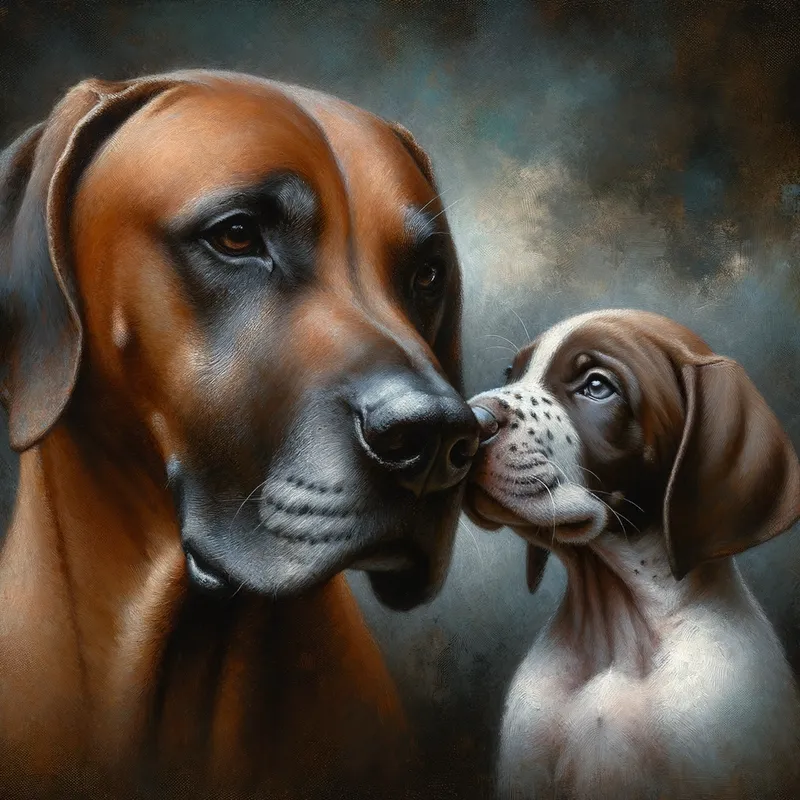 Unconditional Affection - An oil painting showcasing a Rhodesian Ridgeback and a German Pointer puppy locked in a tender embrace, their white-spotted noses nuzzling together, as they express their unwavering love for one another on a moody, textured backdrop. - AI image generated with Art