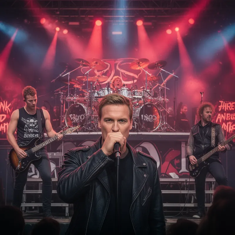 Uncontrollable Rock Festival Night - Make in 16:9 aspect ratio.a Caucasian man holding a microphone to his closed mouth and looking at the viewer.(Use the uploaded image for character and face references)Add Caucasian male lead guitarist to his left, Caucasian male bass guitarist to his right and then add a drummer behind them elevated on stage risers. Uncontrollable three days and nights rock festival.16:9 - AI image generated with Flux 2
