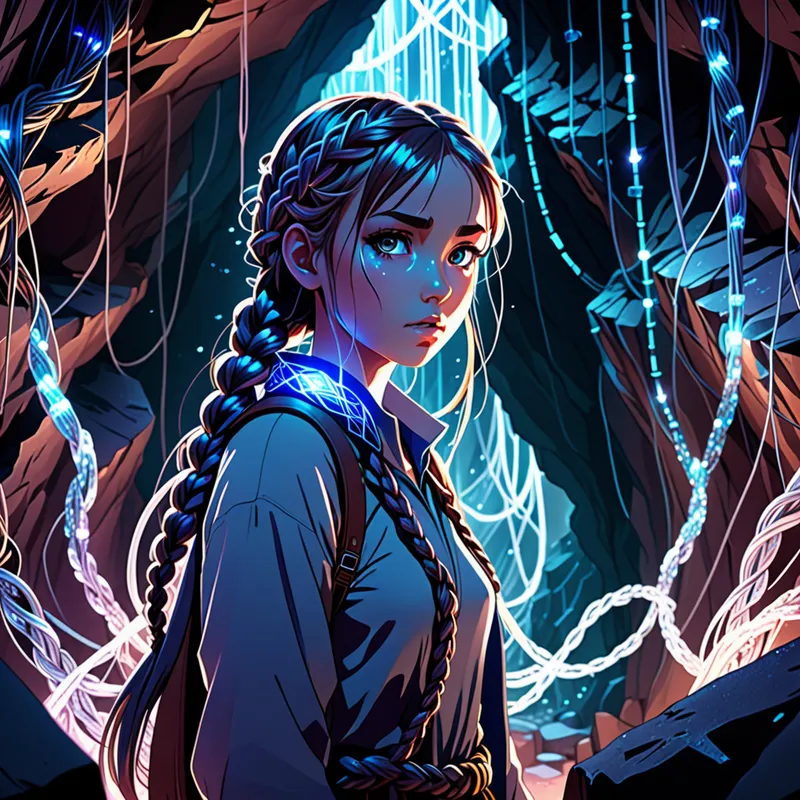 Underground Signal Princess - Anime-style girl exploring a cavern, with intricate braids resembling bundled cables, surrounded by crystals and faint electronic lights, expressive eyes, cinematic perspective, magical sci-fi atmosphere - AI image generated with Fictional