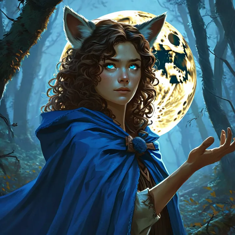 Under the Midnight Moon - Standing in a mystical moonlit forest, a woman with curly brown hair, blue eyes, and wolf ears dons a blue cloak. She extends her hand invitingly toward the viewer, her determined expression emphasized by the glowing moon behind her. - AI image generated with Nova Canvas