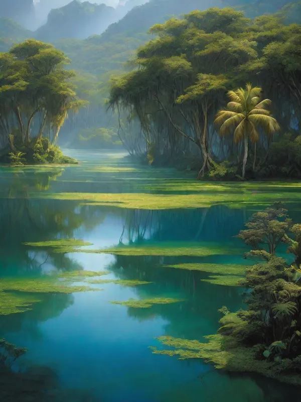 Under the Spell of the Wild Lagoon - An enchanting landscape featuring a mystical lagoon surrounded by dense, untamed wilderness. Ethereal light dances on the water’s surface, casting a magical aura, as exotic creatures roam freely, imbued with a sense of otherworldly tranquility. - AI image generated with Fictional - photorealistic
