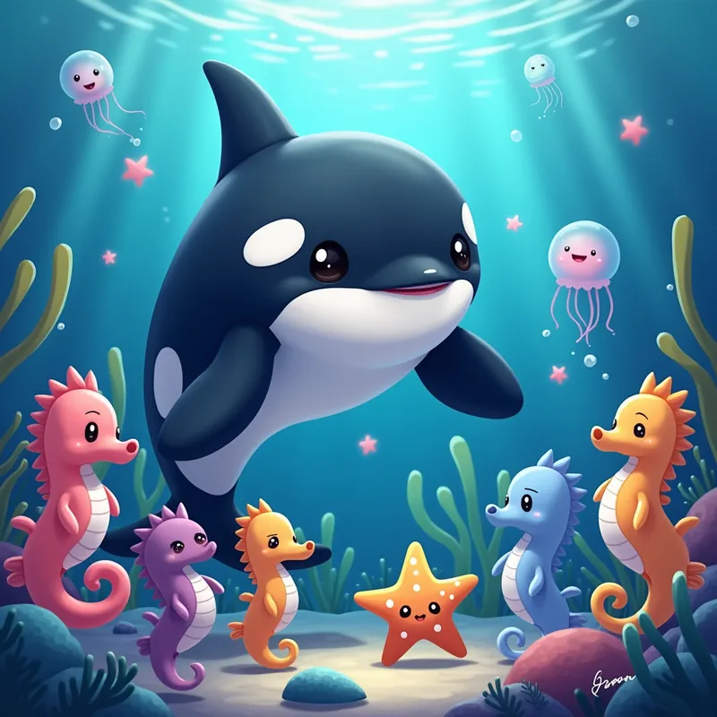 Underwater Adventure - An enchanting anime scene depicting a lovable orca playing with a group of cheerful sea creatures like starfish, seahorses, and jellyfish. The setting is a fantasy underwater world with glowing corals and floating bubbles. - AI image generated with Photorealistic 2