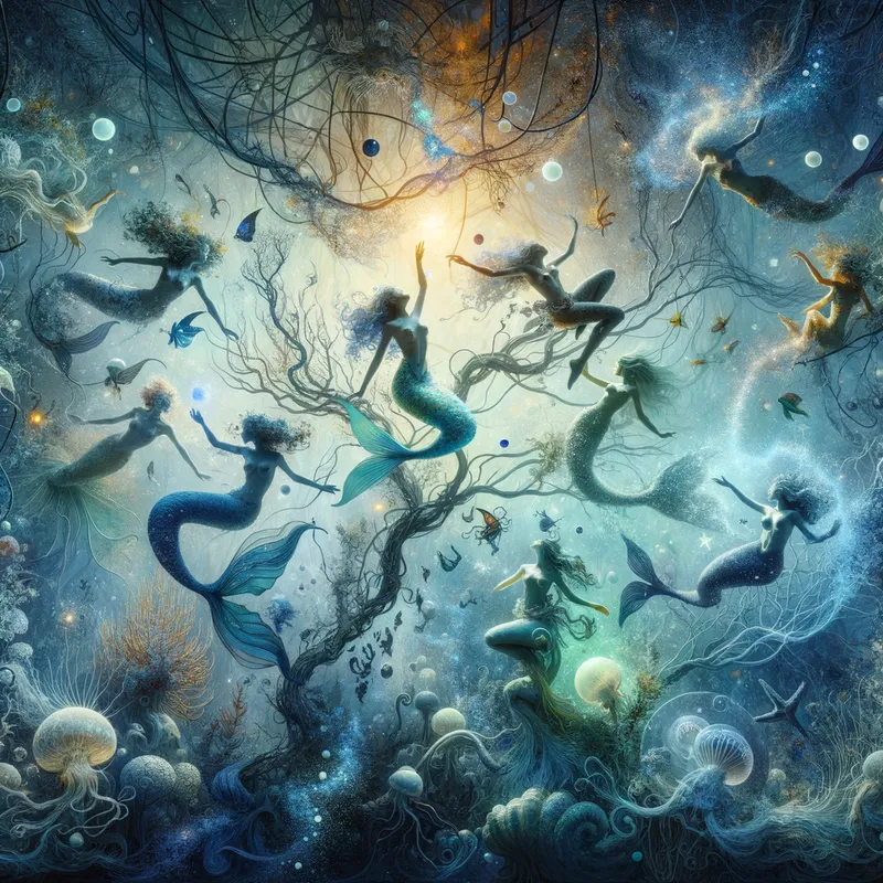 Underwater Enchantment - An enchanted underwater forest where mermaids glide through branches of seaweed and kelp, illuminated by magical glowing orbs and surrounded by a variety of sea creatures. - AI image generated with Art - abstract