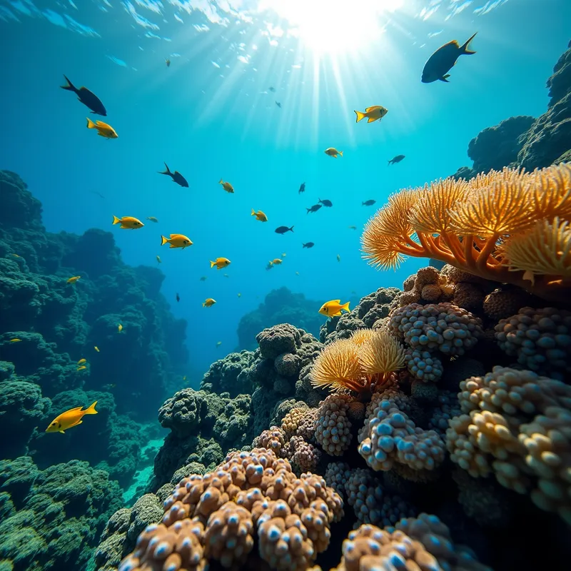 Underwater Paya Haven - An underwater scene in a tropical coral reef with a variety of colorful fish swimming around coral formations. Among the reef, a cluster of papaya-like sea plants sway gently with the currents. Light rays from the surface penetrate the clear blue water, illuminating the vibrant underwater world. - AI image generated with Photorealistic 2 - close-up macro photograph