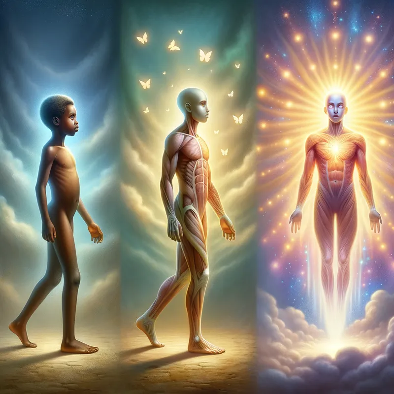 Unified Being - A surreal portrait of a person whose body seamlessly transitions between a small child, an adult, and a radiant, enlightened figure to represent inner child, physical self, and higher self. - AI image generated with Art - fantasy art