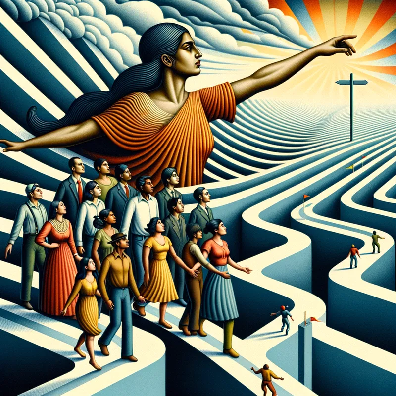 Unified Effort - A poster with the title 'Leadership Unites Us' featuring a central figure with an outstretched arm guiding a group, highlighted with elements like paths converging towards a single goal, symbolizing unity and mutual effort. - AI image generated with Art - surrealismus